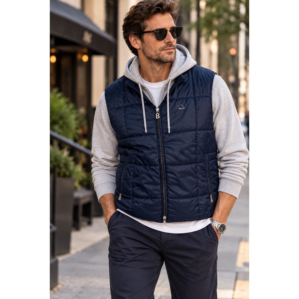 VTG 90s Bogner Men's Quilted Puffer Vest Navy Blue Zipper Made in USA Sz 40 M/L
